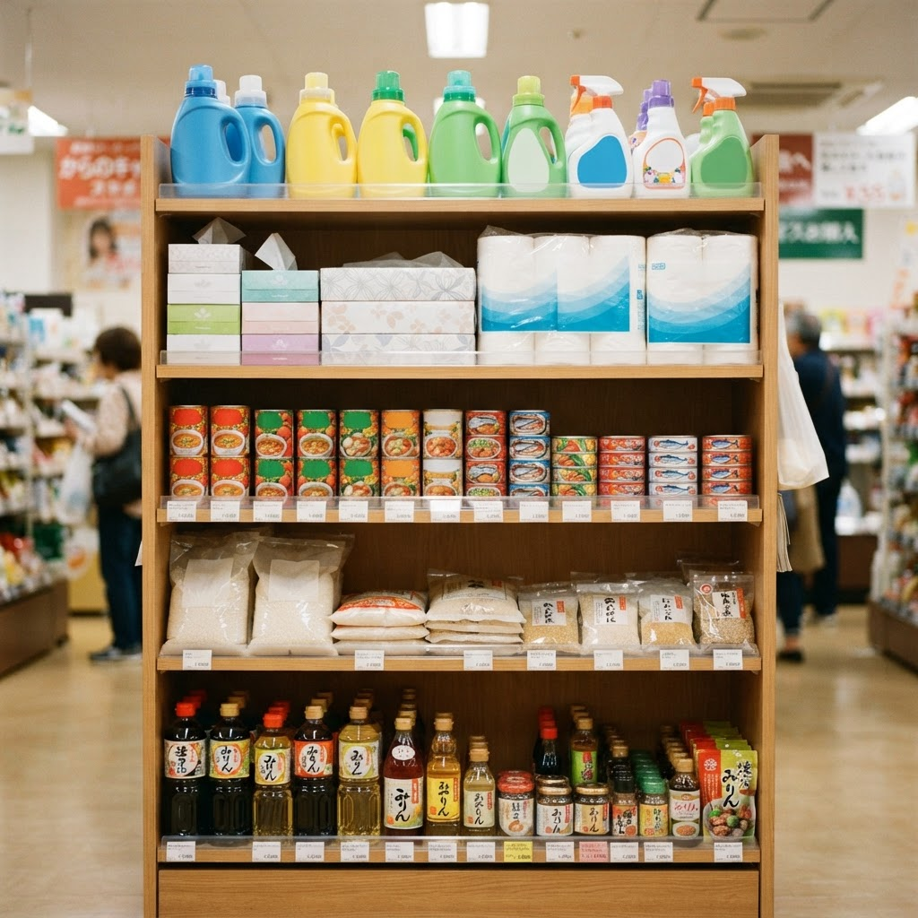日用品・食品が並ぶ棚